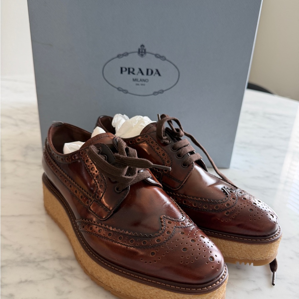 Prada unisex Brown Leather Wingtip Derbys with Crepe Platform Sole